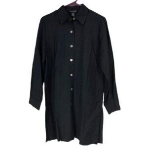 Dialogue Women M linen Rayon Mother Pearl Buttons Shirt Tunic Black Dress Chic